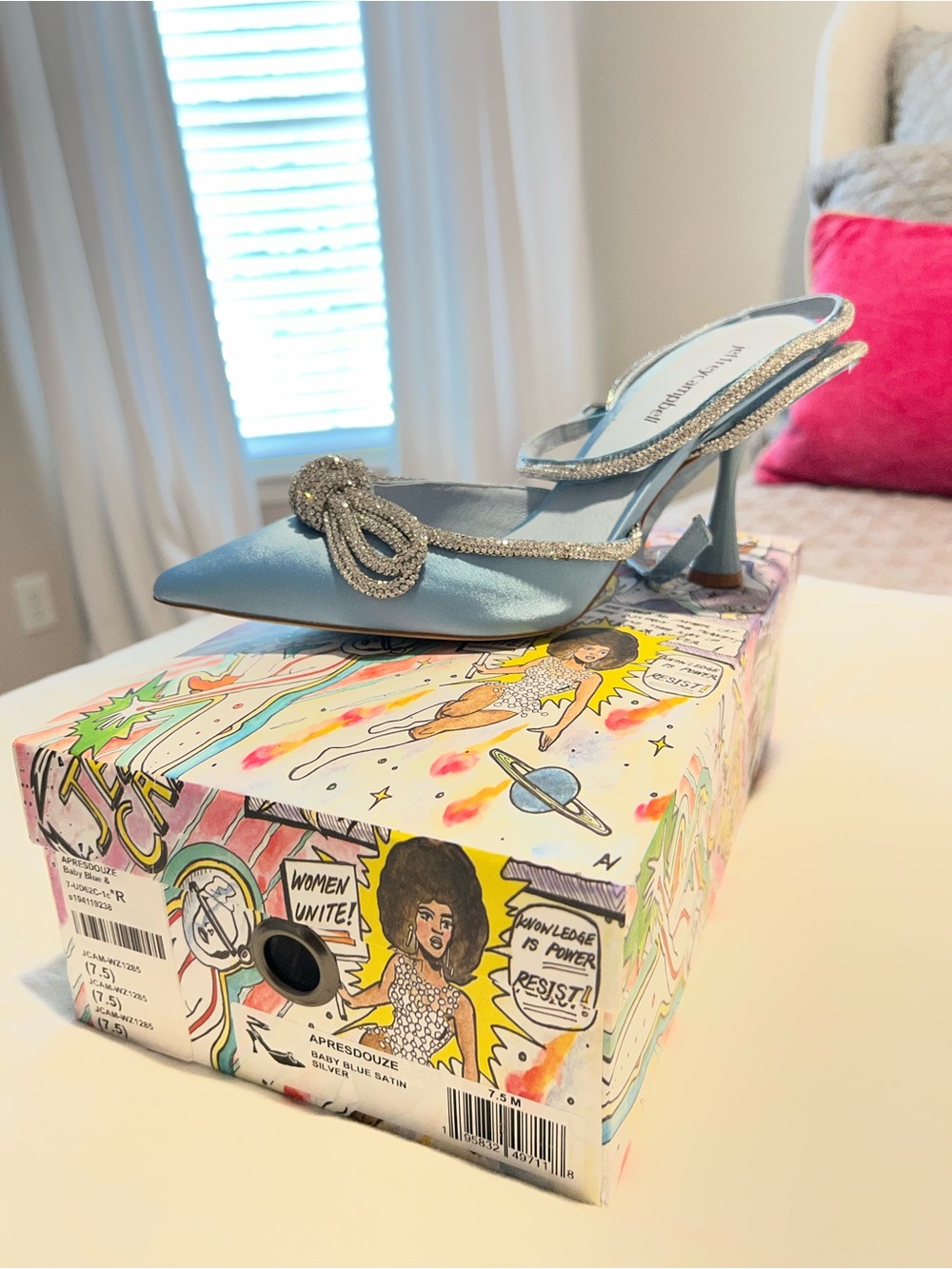 Jeffrey Campbell Powder Blue Satin Pointed Mule with Crystal Knot